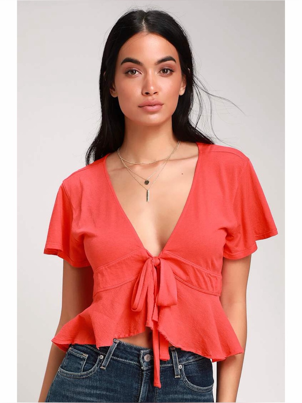 Free People Knot Me Red Tie-Front Crop Top